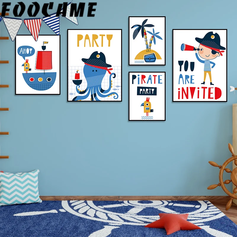 Мультфильм морской пират осьминог корабль Скандинавская Картина на холсте