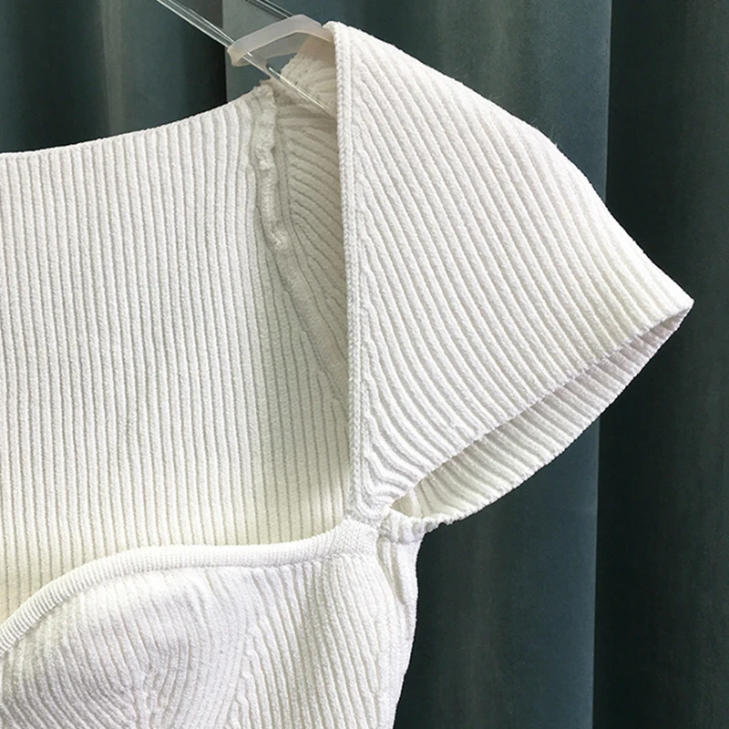 

2020 New Women Summer Sexy Square Collar Knitted T Shirts Pure Color Women Short Sleeve Slim T Shirt Tops For Women White Tees