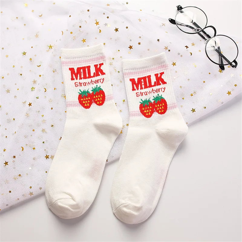 White Strawberry Новые женские носки без пятки ulzzang, молоко, клубника, банан, корова, соккен, для девочек, Осень-зима, рисунок с фруктами, молоко, теплые удобные хлопковые носки - Цвет: White Strawberry
