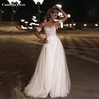 detachable train a line wedding dress spaghetti straps backless lace appliques sexy sweetheart bridal gown vestidos de novia