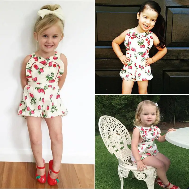 

Baby Girls Summer Sleeveless Sling Rompers Kids Sweet Strawberry Print Short Clim Bing Outfits Baby Clothes