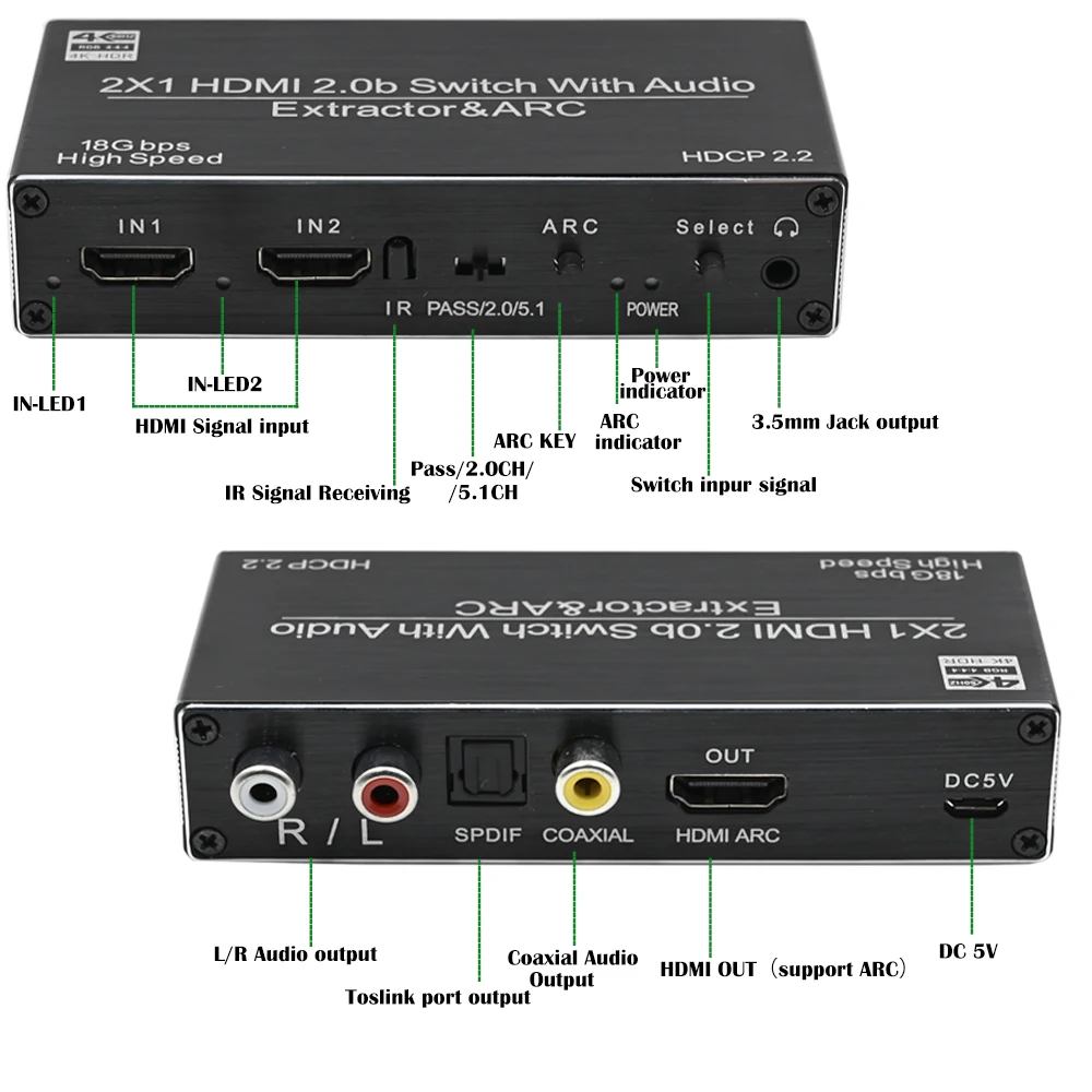 HDMI переключатель 2x1 4K @ 60 Гц 2.0b аудио экстрактор с Toslink оптический и RCA SPDIF