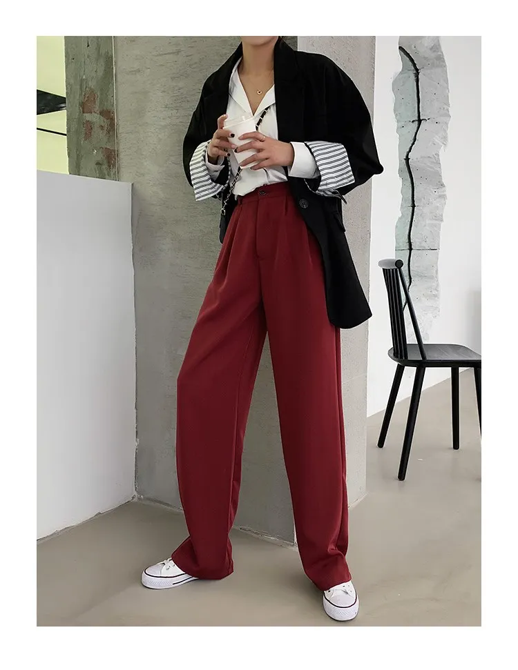 Осенние женские бордовые прямые брюки повседневные на молнии однотонные широкие