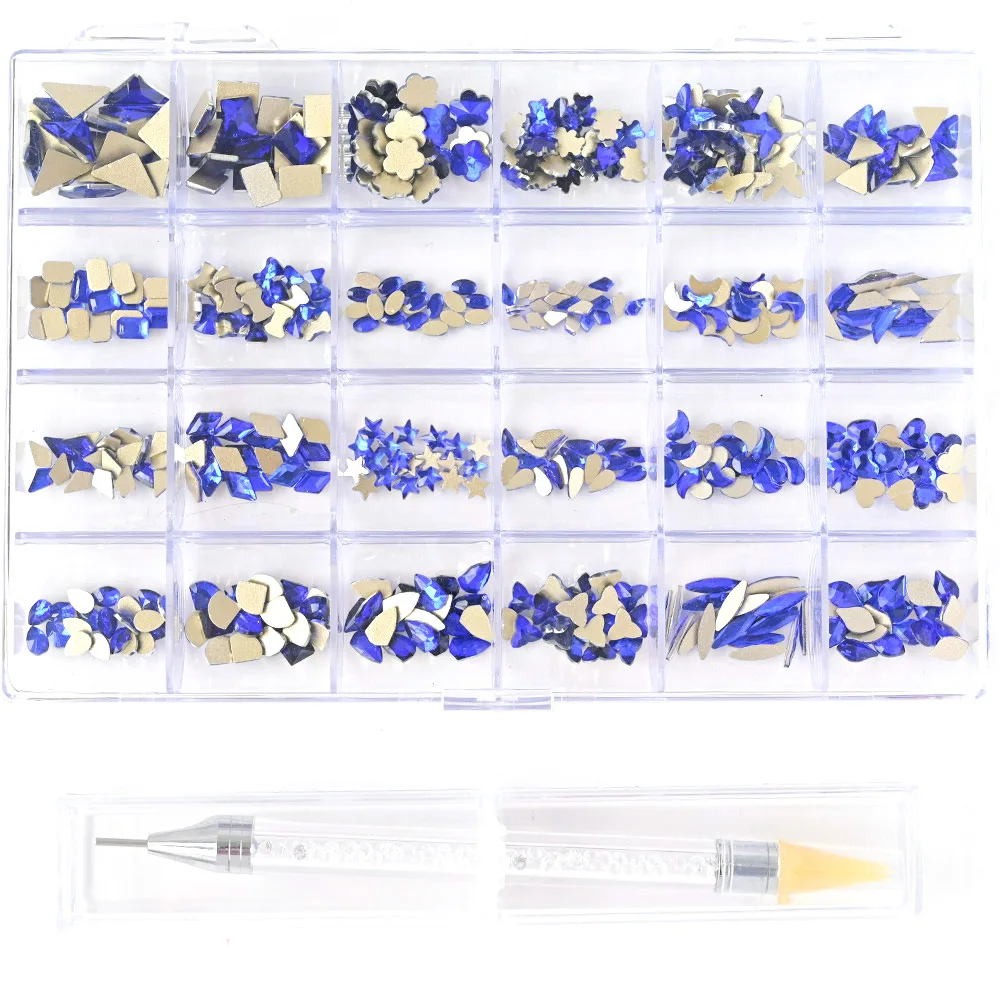 1 Box Gold/Silver/Blue/Red/AB Color Nail Rhinestones +1pc Dotting Pen Crystal Gems Bulk Nail Art Decoration Glass Stones Kit Tu9