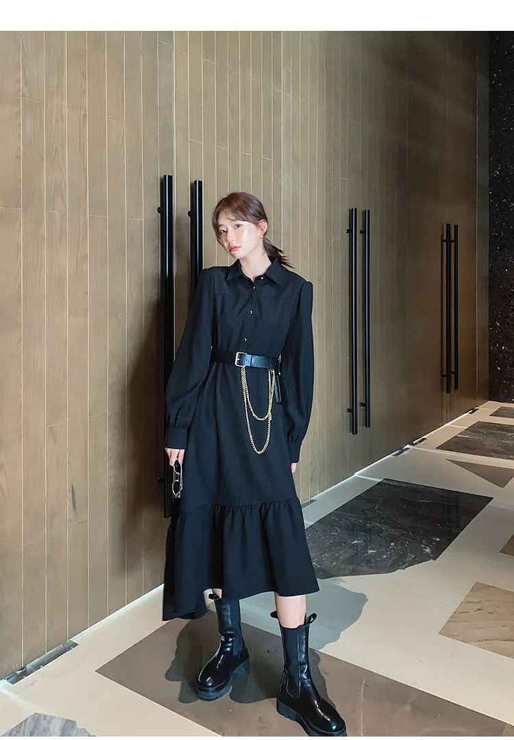 

Spring Autumn Women Long Sleeve Lapel Black Shirt Dress Female Fashion Splice Ruffles Elegant Slim Casual Gothic Maxi Dresses