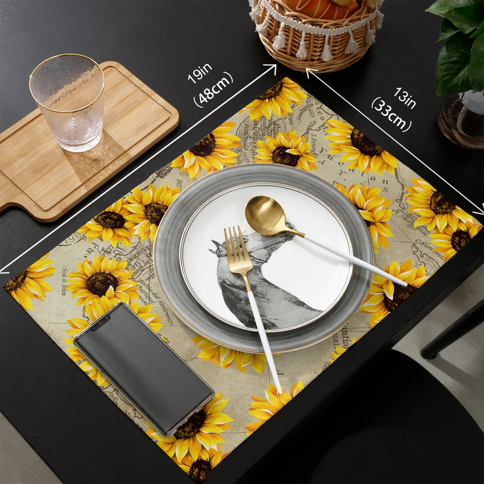 

Sunflower Hand Drawn Map Table Runner Placemats Set Wedding Table Decoration Table Runner for Kitchen Dining