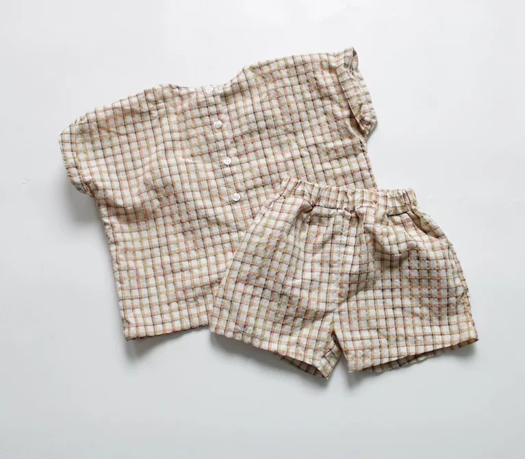 Корейский стиль детские летние комплекты одежды клетчатые рубашки и шорты милые