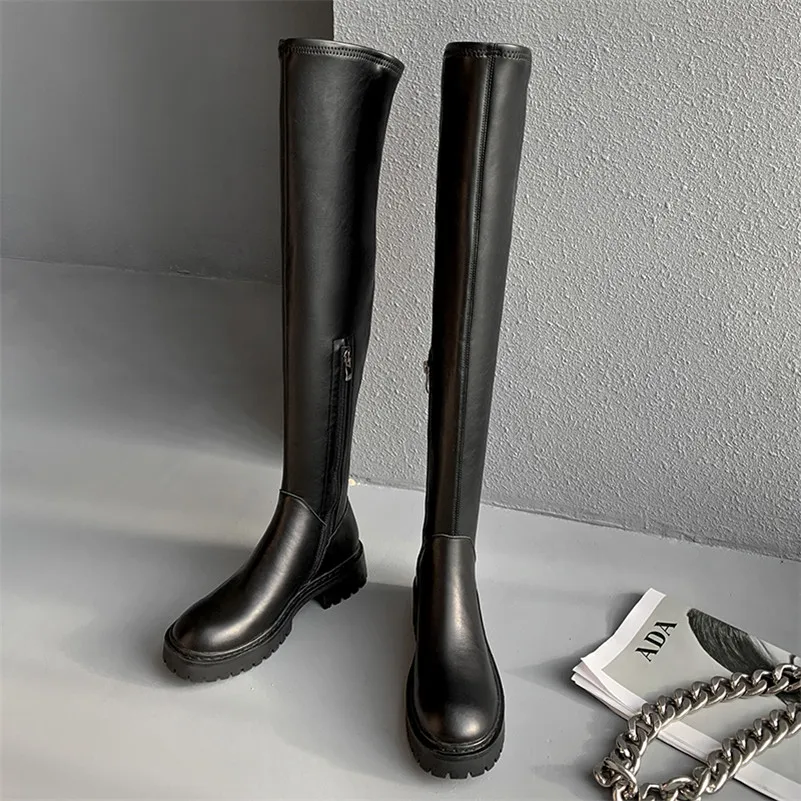 

Meotina Real Leather Platform Mid Heel Over The Knee Boots Women Shoes Round Toe Zipper Block Heels Stretch Ladies Long Boots