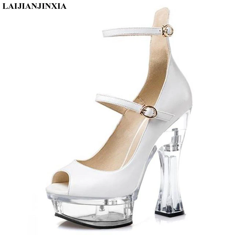 

LAIJIANJINXIA Summer New Style Sexy Shallow Super Big Size 46 Women's Pumps 14 Cm High Heeled Shoes Buckle Strap Fashion Shoes