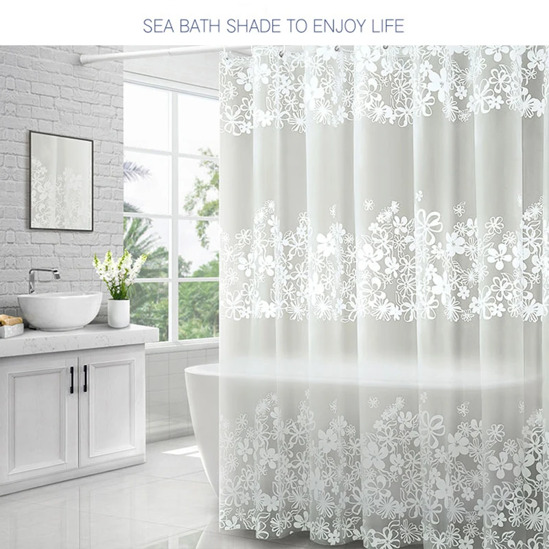 

White Flower Bath Curtain Waterproof Peva Shower Curtains Fog Translucent Curtains Large Wide With Hooks Bathroom Screen Decor