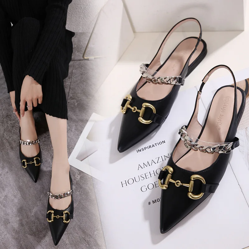 

Baotou Back Empty Sandals Women's 2021 New Flat Bottom One-line Chain French Pointed Commuting Shopping Single Shoes
