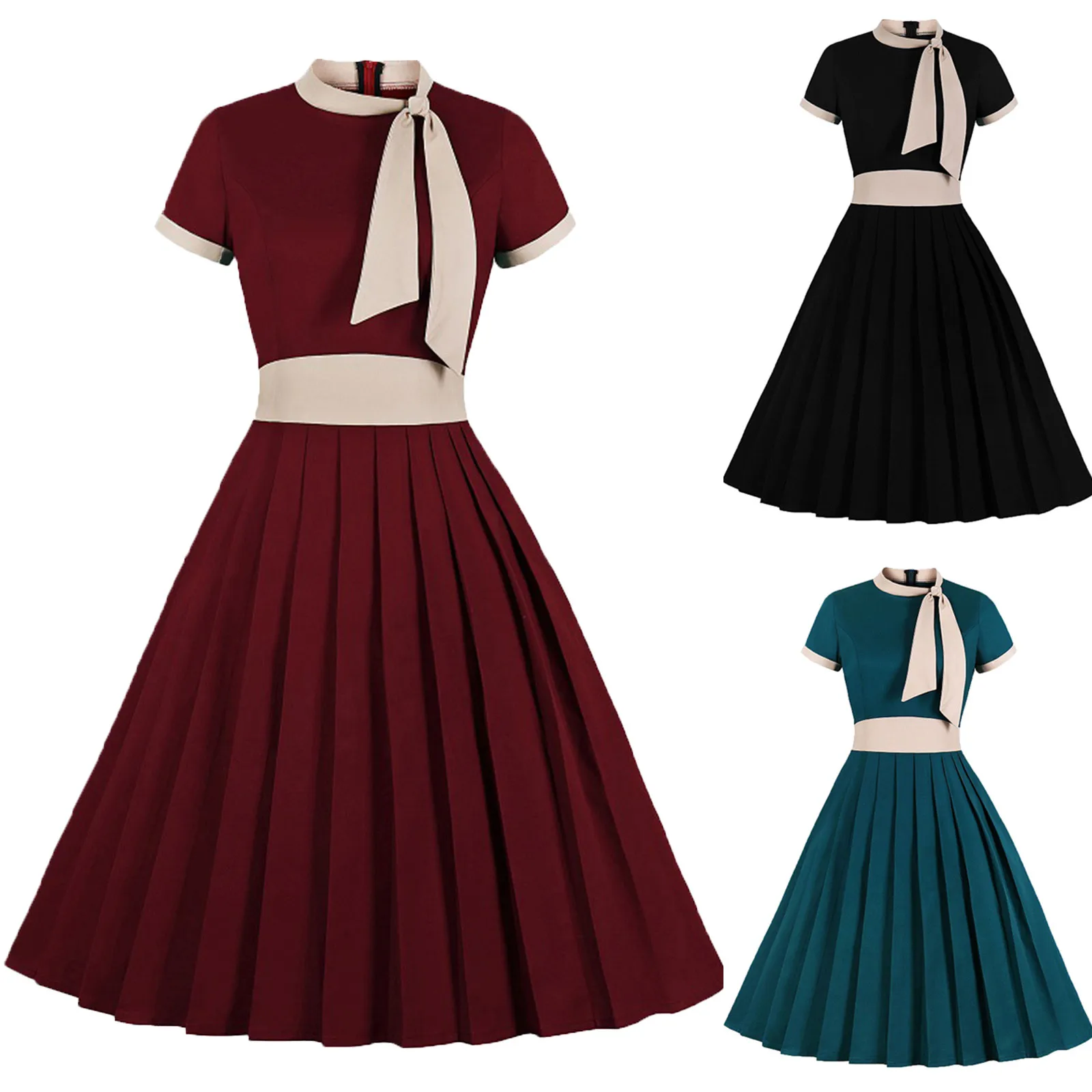 

Женские платья с коротким рукавом и воротником-стойкой, модное повседневное Плиссированное свободное Платье с бантом, Новый Год 2022