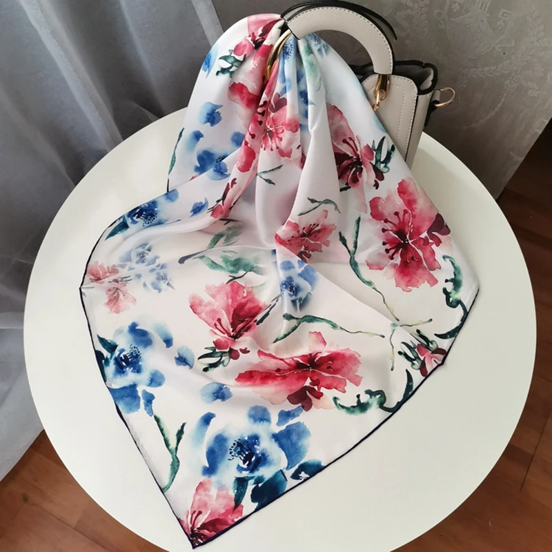 

Floral 100% Silk Head Scarves for Hair Wrapping Women Fashion Neckerchief Wraps Foulard 25"x25"