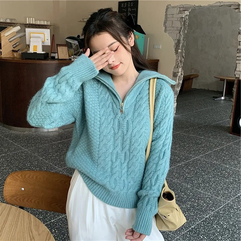 

2021 Autumn Winter Women Knitted Sweaters Korean Elegant Solid Pullovers Female Casual Knitwear Thicken Loose Sweater Jumper Top
