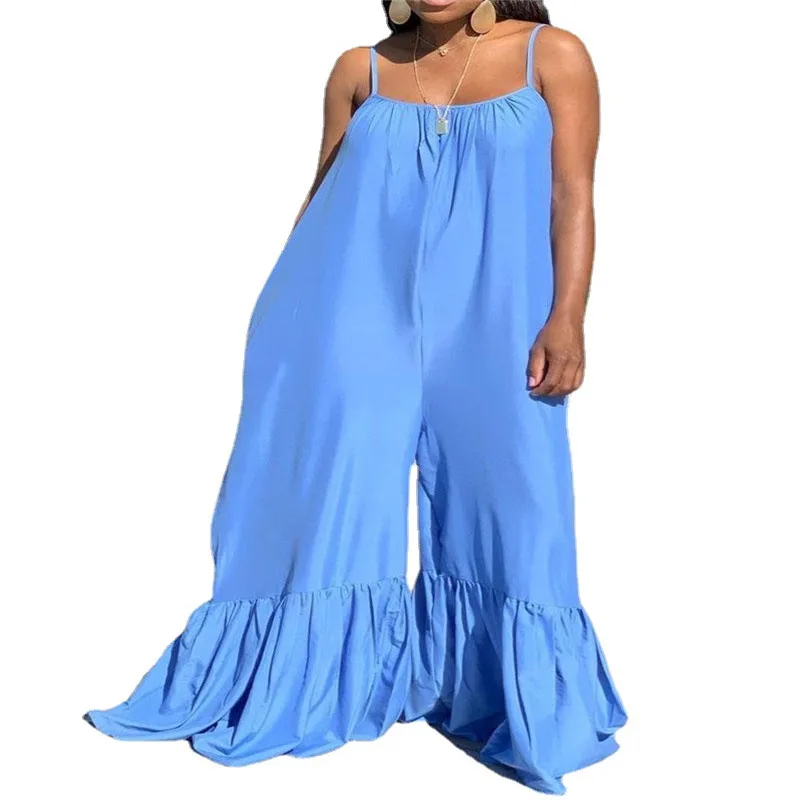 

Hot Selling Women Solid Spaghetti Strap Jumpsuits 2021 Spring Lady's Casual Sleeveless Backless Pockets Plus Size Loose Rompers