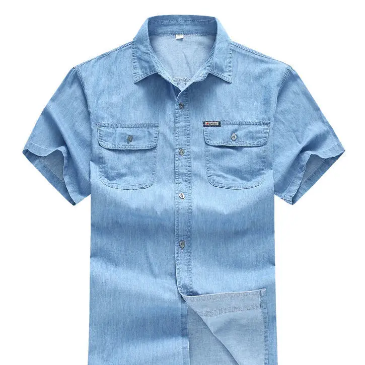 Middle Aged Denim Shirt Summer Short jean Sleeve Cotton Thin Dad Loose Jacket Рубашка Блузки Men Clothing Genuine Hot Рубашки |