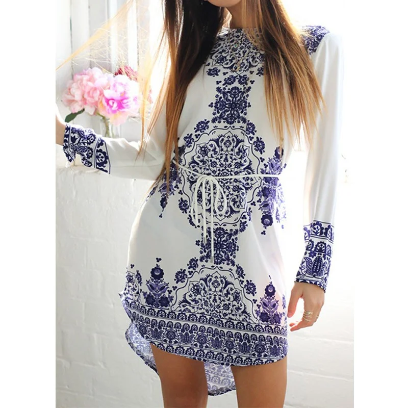 ГОРЯЧАЯ китайский стиль синий и белый фарфоровый узор женские прямые платья с