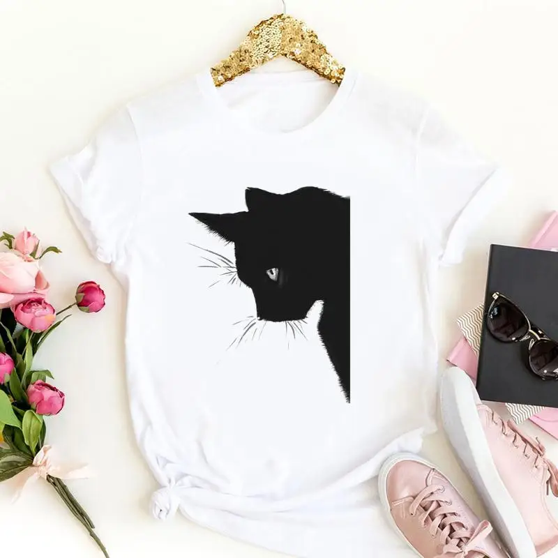 

Tees Ladies Cat Face 2022 Spring Cute Fashion Short Sleeve Summer Female Clothes Tshirts Tops Women Cartoon Graphic T-Shirt