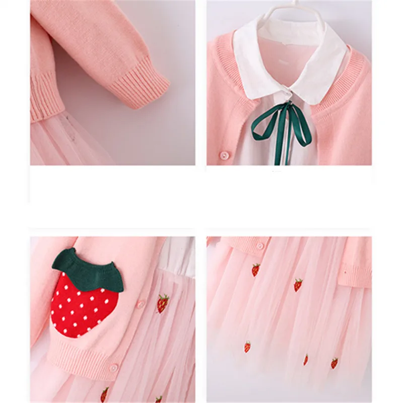 

Spring Fall Sweet Baby Girls Clothing Suits Children Bow Shirt Strawberry Dress+Cardigan Crop Top 2Pcs/Sets Fashion Kids Clothes