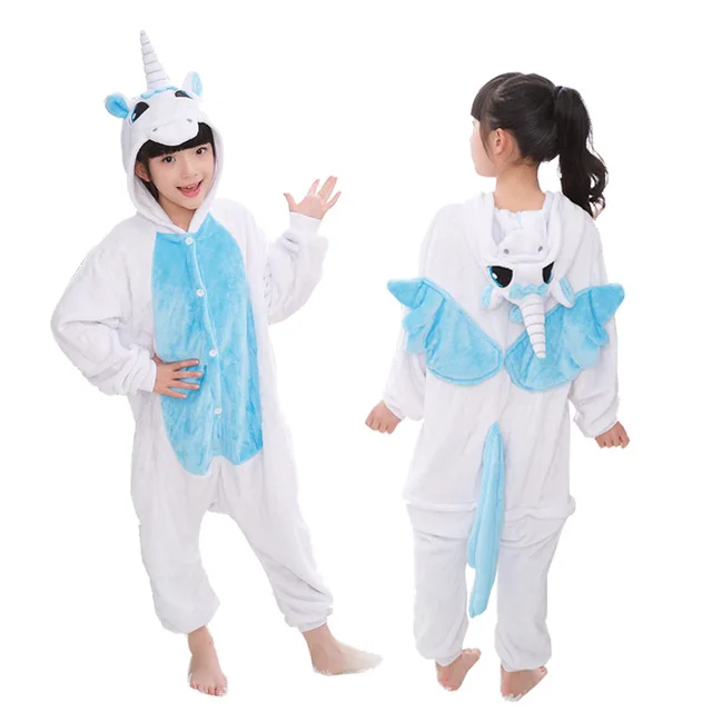 Kigurumi/Пижама с единорогом для мальчиков и девочек; фланелевая детская пижама в стиле Стич; комплект одежды для сна с животными; зимние комбинезоны; цельная Пижама - Цвет: Blue Unicorn