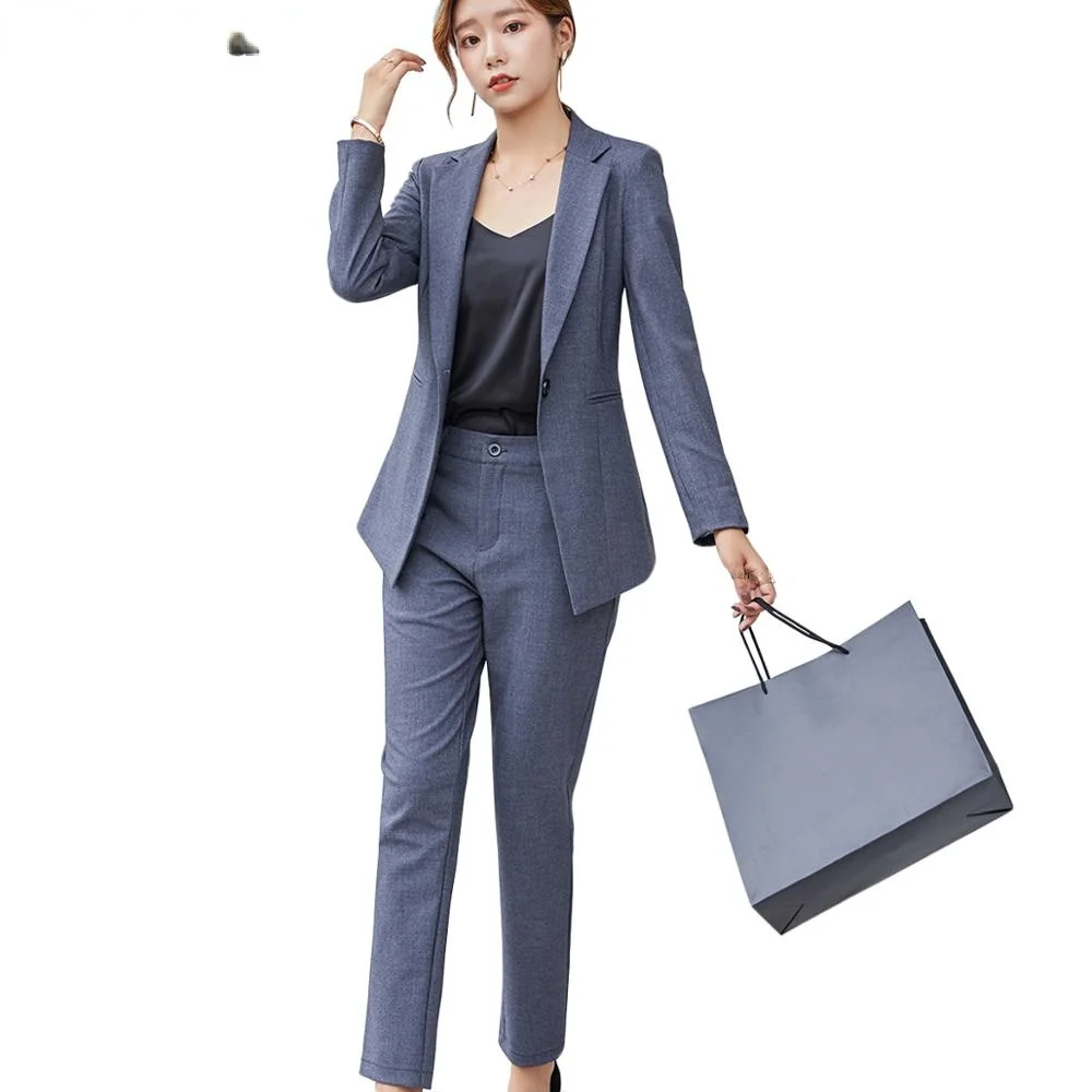 

Women Pant Suits Fashion Korea Style Blazer Jacket and Pant New 2021 Autumn Winter Black Gray 2 Piece Set Suit for office Lady