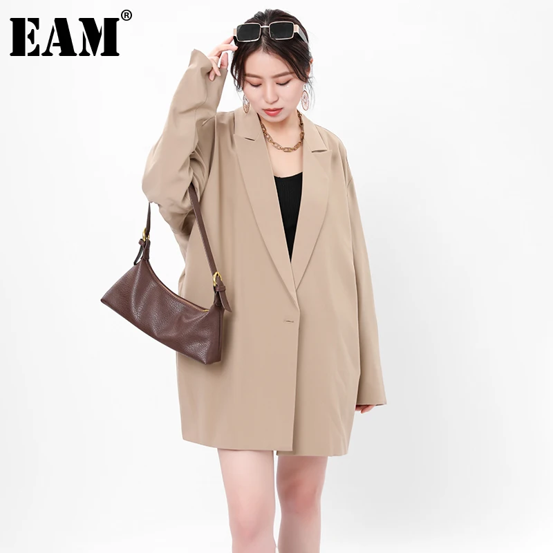 

[EAM] женский длинный Повседневный Блейзер верблюжьего цвета, большой размер, новинка, с отворотом, с длинным рукавом, свободный крой, куртка, ...