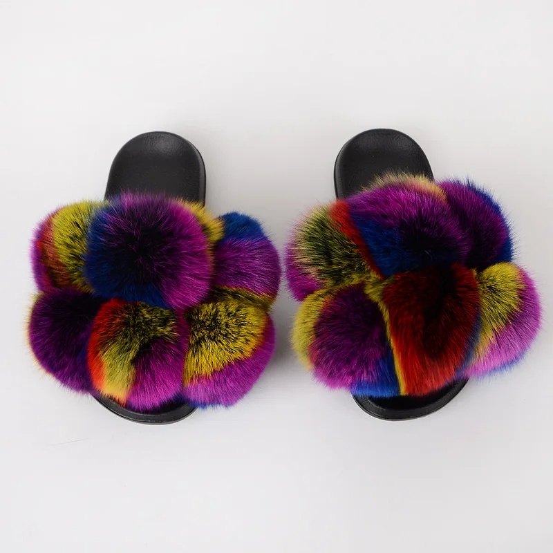 

2021 New Design Fashion Trendy Fox Wool Slipper Colourful Custom Made for Women