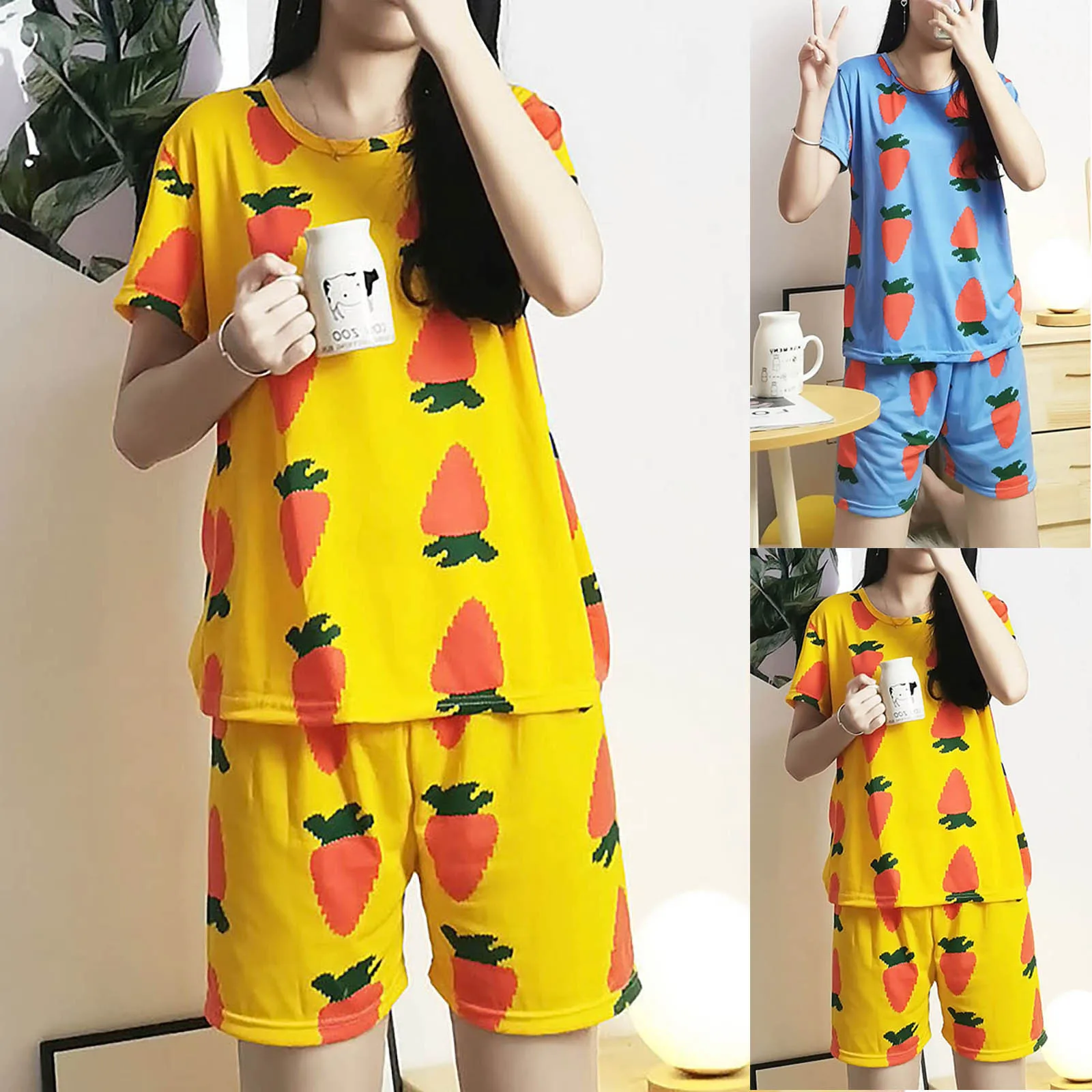 

77# Sleepwear For Women Ladies Fashion Casual Women's Fashion Loose Suit Thin Cute Cartoon Casual Homewear 2 Piece Set Pajamas