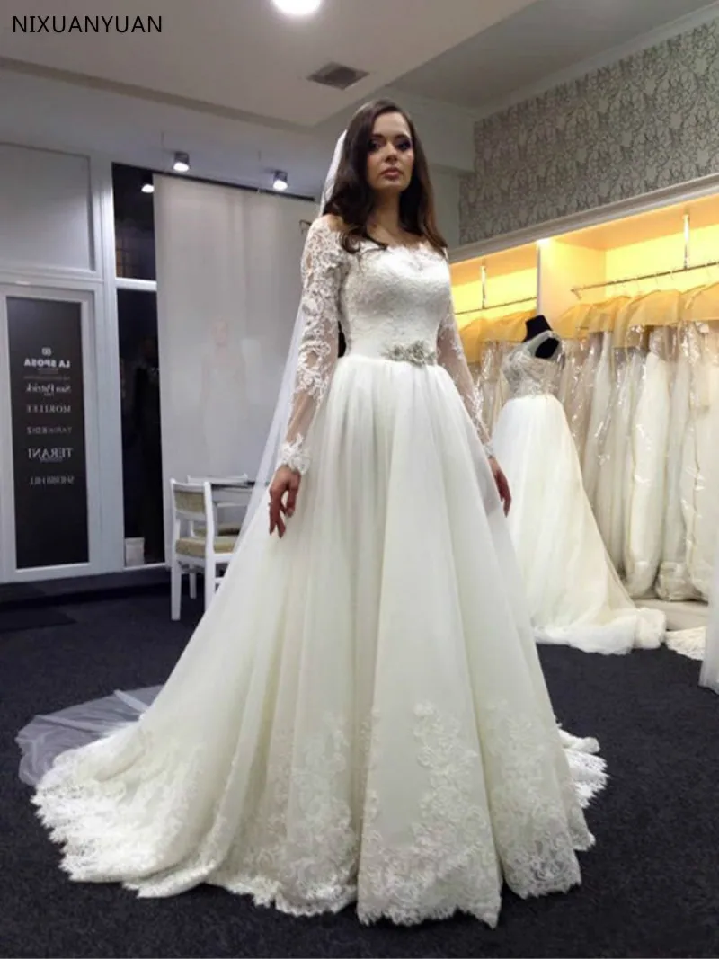 

Tulle Lace Bridal Gowns Long Sleeves Wedding Dress Off Shoulder Vestidos De Novia Court Train Wedding Gown