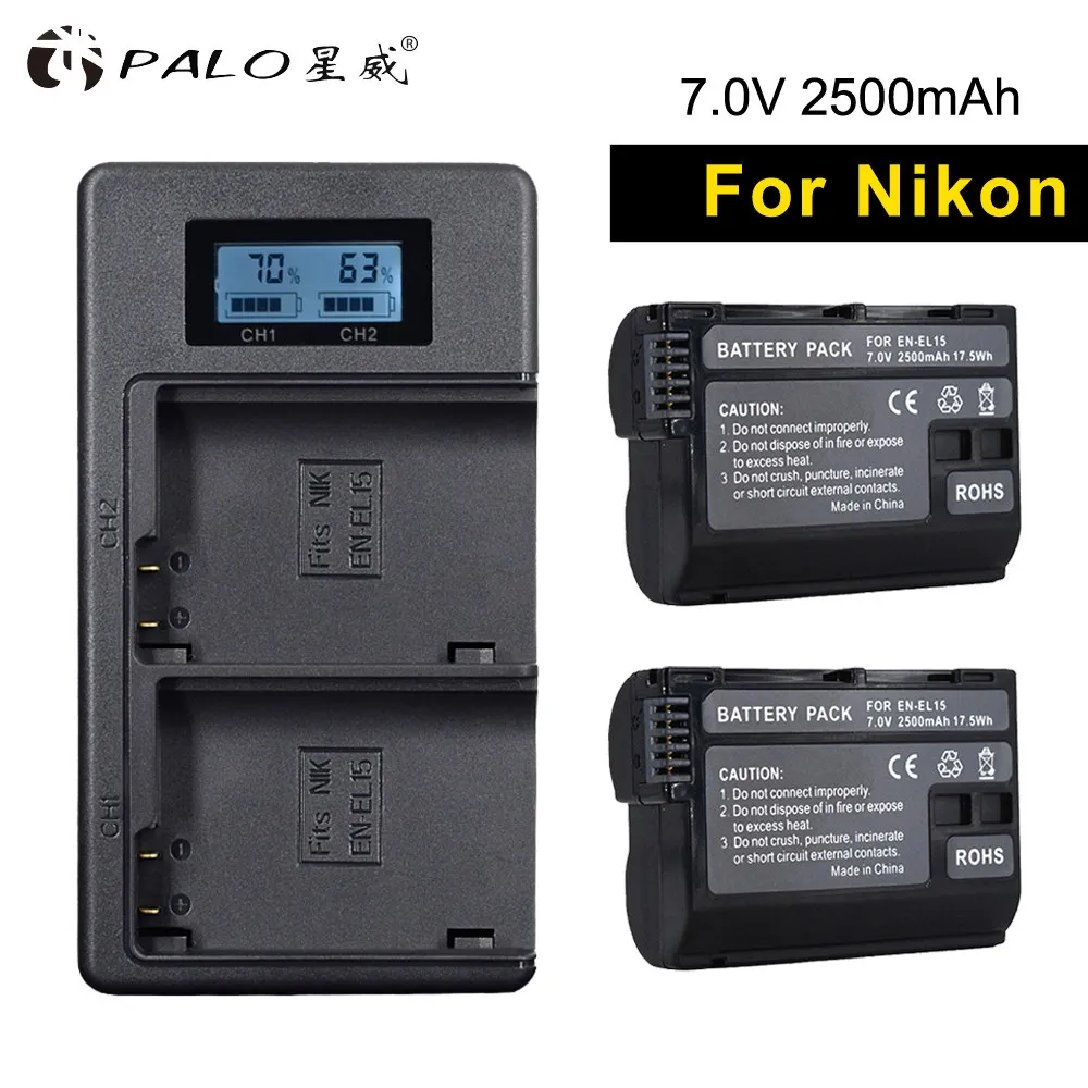 1 charger 2 battery PALO 2 шт. EN-EL15 аккумуляторы+ ЖК-дисплей зарядное устройство с USB кабелем для Nikon d7200 d600 d850 d750 d7100 d800 V1 - Цвет: 1 charger 2 battery