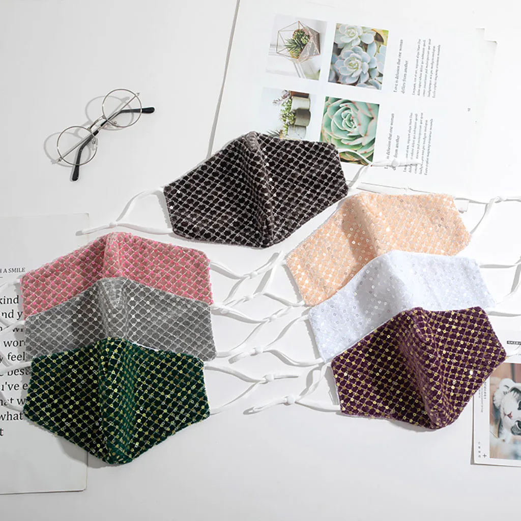 

Fashion Sequins Face Mask Adjustable Cotton Breathable Mouth Mask Dustproof Anti Foggy Haze Protective Mascarilla Masque Lavable