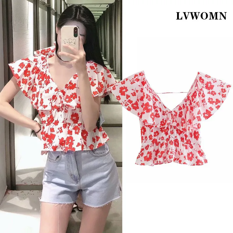 

LVWOMN Za Women Summer Blouse 2021 Retro Floral Loose Ruched Sexy Blouses V Neck Bow Short Sleeve Female Shirts Blusas Chic Top