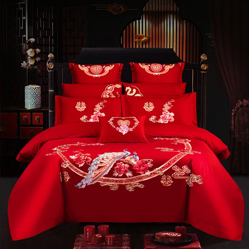 4/7/10 шт. свадебные красные постельные принадлежности с вышивкой павлина | Дом и