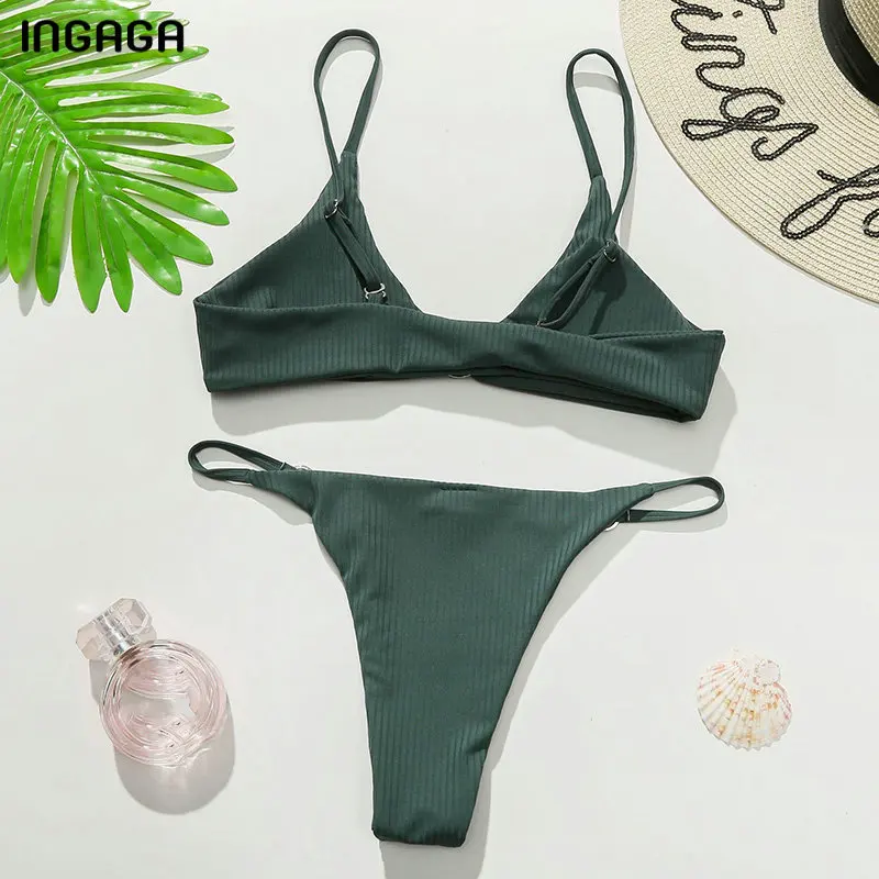 

INGAGA Ribbed Bikinis Women's Swimsuits Sexy Ring Swimwear Women Push Up Biquini Micro Thong Bathing Suits Brazilian Bikini Set