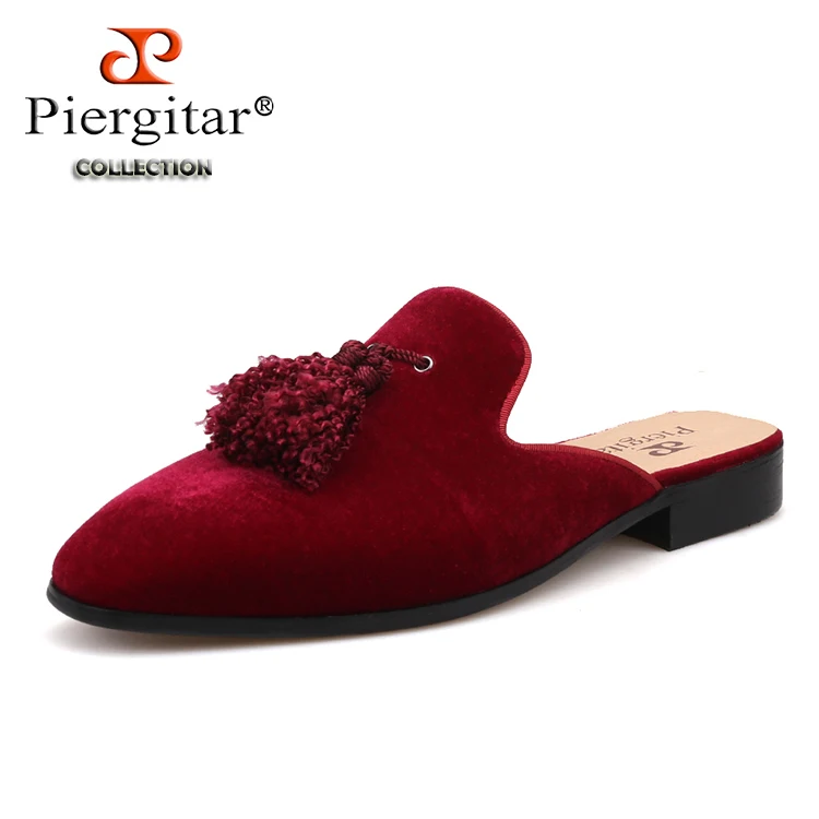 Бренд Piergitar, Новое поступление, мужские бархатные Тапочки бордового цвета с кисточками, кожаная стелька, мужские сабо, большие размеры - Цвет: Бургундия
