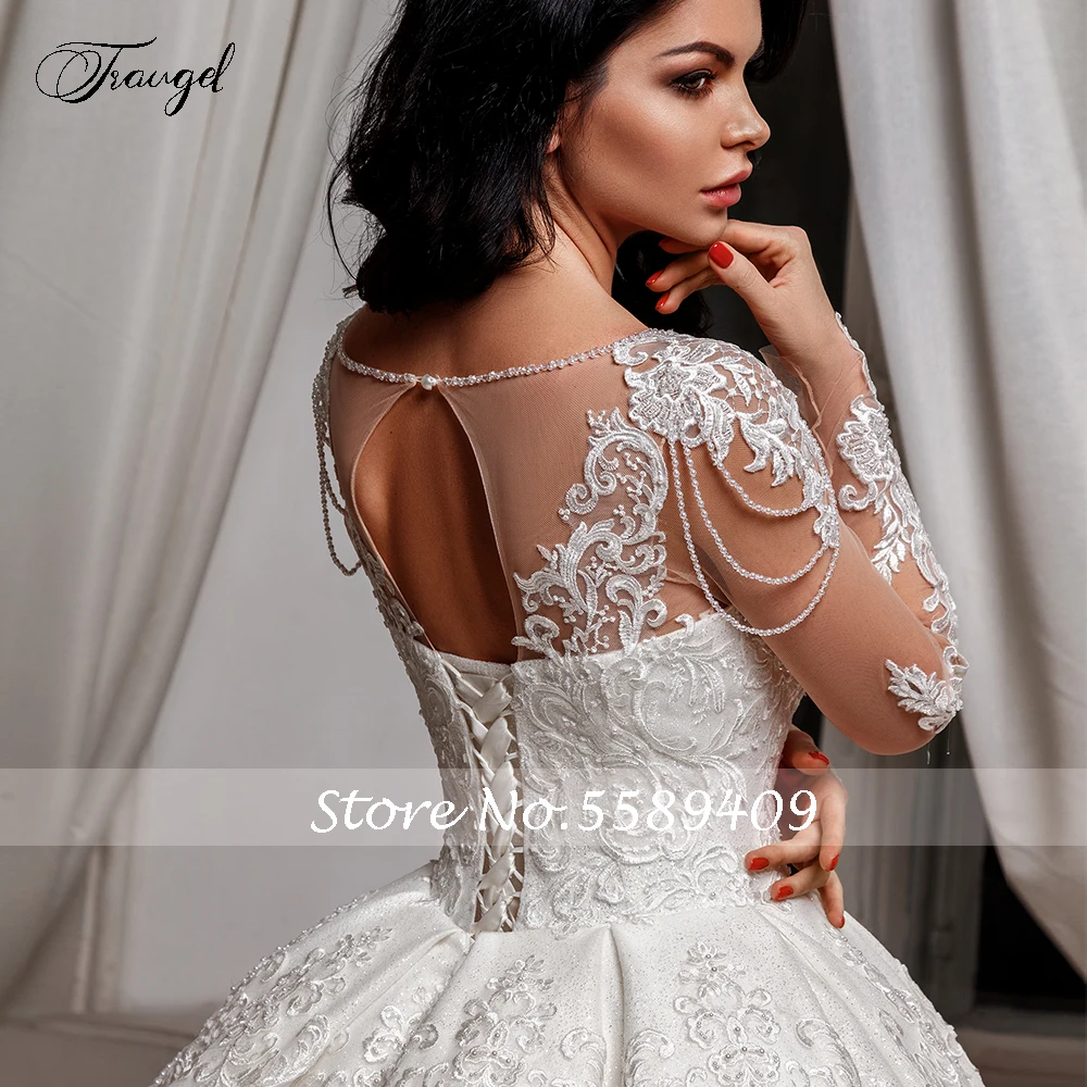 Traugel Scoop Ball Gown Satin Wedding Dresses Luxury Applique Beadings Long Sleeve Bride Dress Sweep Train Bridal Gown Plus Size