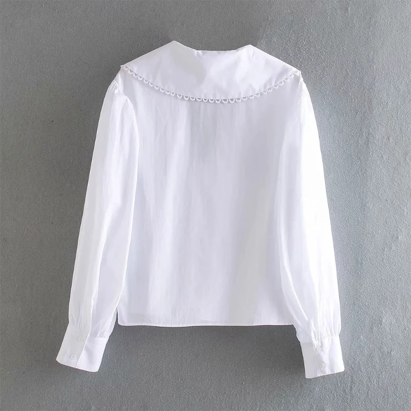 

Women Puff Long Sleeve Shirts Sexy V-Neck Lapel Doll Collar White Poplin Blouse Solid Color Button Casual Loose Tops