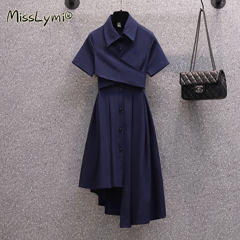 

4XL Plus Size Women Asymmetric Striped Dress Summer 2021 Turn-down Collar Short Sleeve Backless High Waist Ladies Shirt Dresses