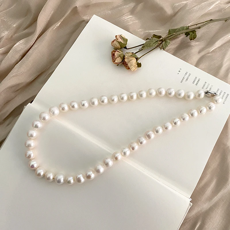 ASHIQI 10 12 мм большой натуральный пресноводный жемчуг ожерелье Настоящее серебро 925