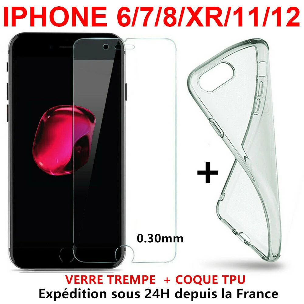 

Coque Housse TPU For iPhone 6/6S/7/8/Plus/X + Vitre Protection Film Verre Tremp 9H