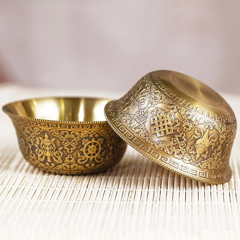 

Relief Pure Copper Drinking Bowl Pure Brass Carved Auspicious Tibetan Holy Water Cup Golden Buddhist Bowl Home's Gift Decorative