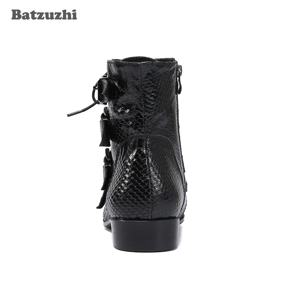 

Batzuzhi Rock Western Cowboy Men's Boots Pointed Toe Black Genuine Leather Ankle Boots Buckles Zip Motorcycle Boots Men, 38-46