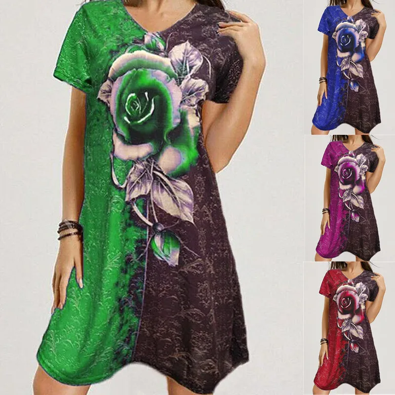 

Summer New Casual V-neck Loose Rose Print Color Matching Short Sleeve Dress