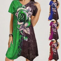 summer new casual v neck loose rose print color matching short sleeve dress
