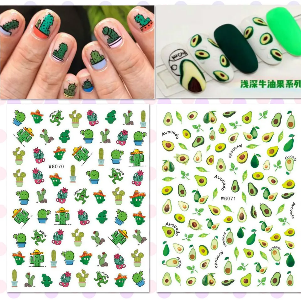 Newest Cute Cactus Avocado Design 3D Self Adhesive Decal Slider DIY Decoration Tool Nail Sticker  WG071 070