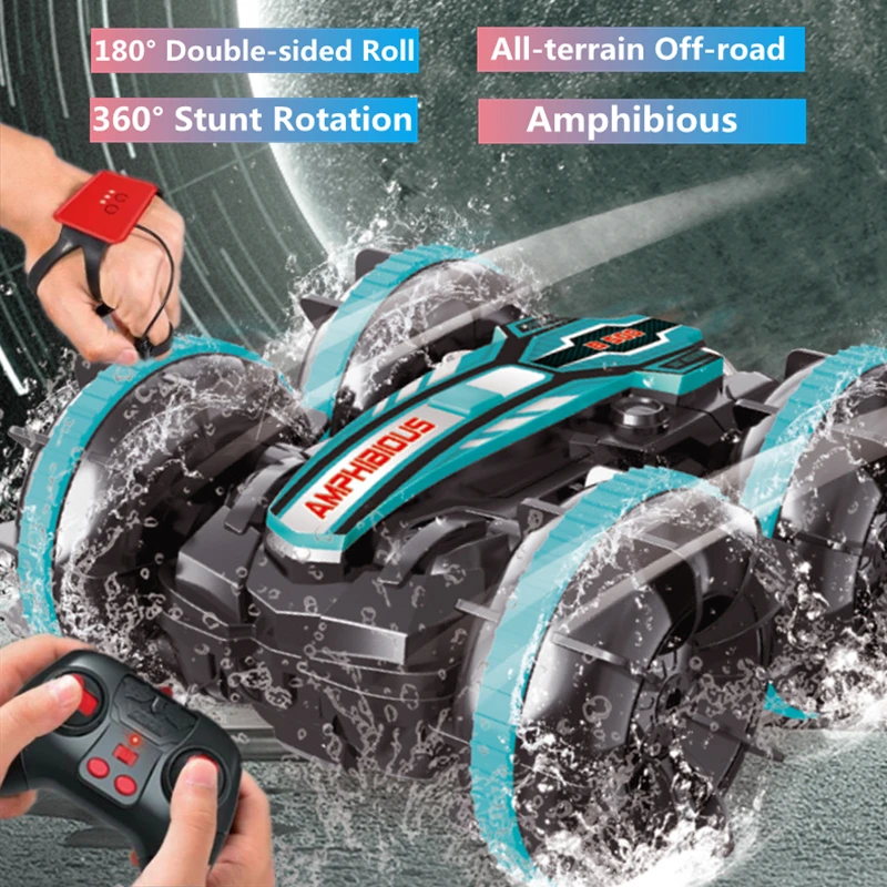 

Amphibious Auto Demo Off-road RC Car 360 Degree Stunt Rotation Double-sided Tumbling Propeller Tire 2.4G/Watch Dual RC Buggy Toy