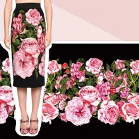 70x145cm fashion big rose printed imitate silk satin fabric for woman skirt diy cloth sewing