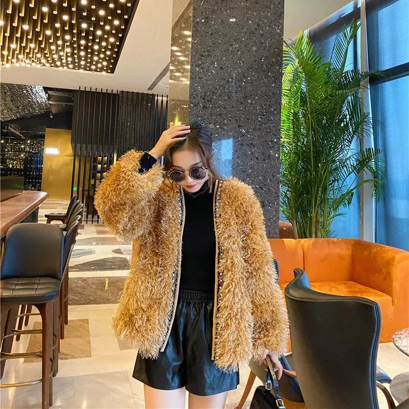 Heavy Industry Beading Faux Fur Coat 2021New Autumn And Winter Cardigan Lamb Wool Coat Temperament Solid Color Fur Jacket Ladies