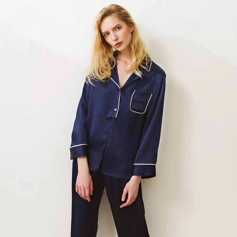 100% silk women sleepwear,girl long sleeve sleep shirts and pants in dark blue pink solid color,luxury advance women pajamas set