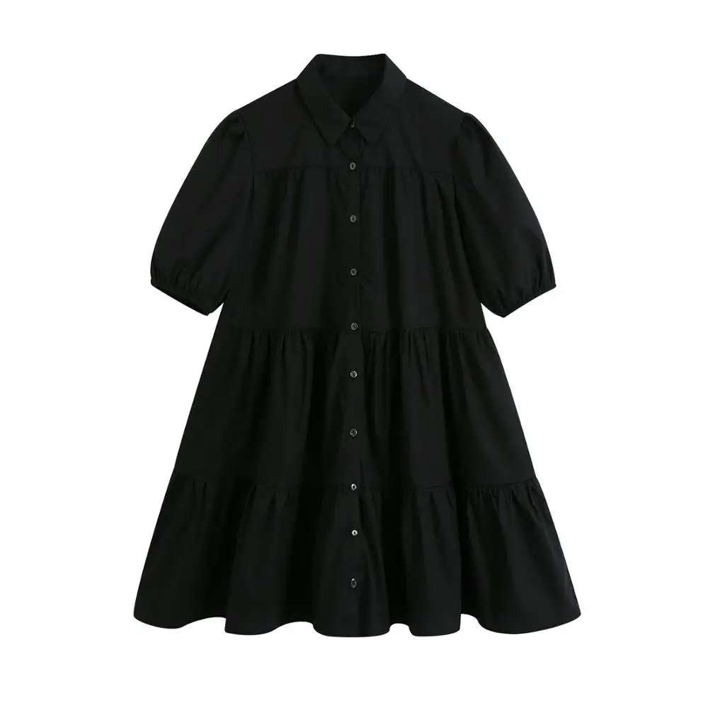 

Woman Turndown Collar Puff Sleeve Black Shirt Dress Femme Mini Tiered Dresses Lady Loose Clothes Vestido D6352